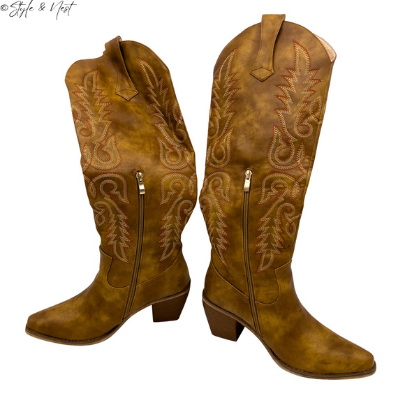 WETKISS Cowboy Boots Side Zipper Cowgirl Knee High Embroidered Knee High Size 10 - Picture 3 of 13